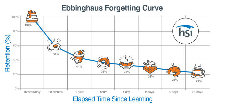 Ebbinghaus' forgetting curve and review cycle.