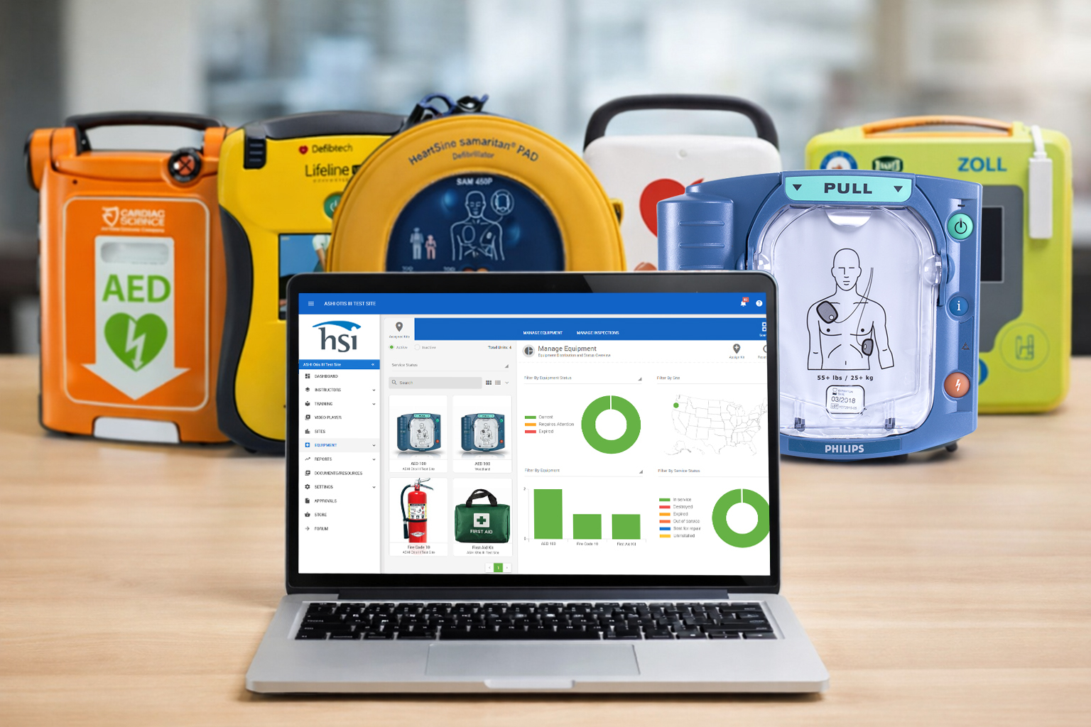 AED equipment manager laptop on desk with AE Ds copy