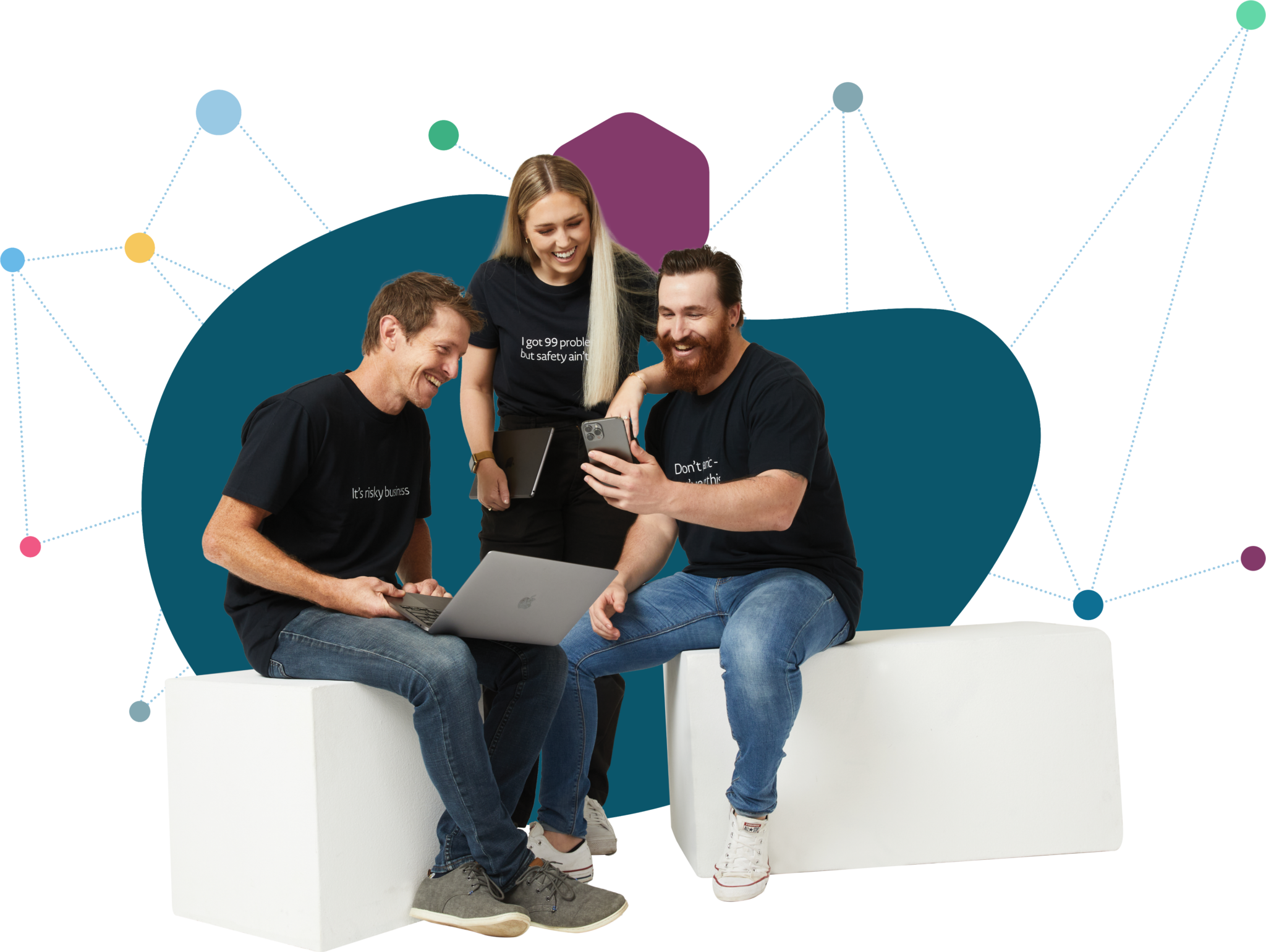 three workers using ehs software on different technology three workers using ehs software on different technology