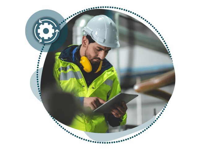 Manufacturing worker with hard hat using HSI Platform on an ipad Manufacturing worker with hard hat using HSI Platform on an ipad