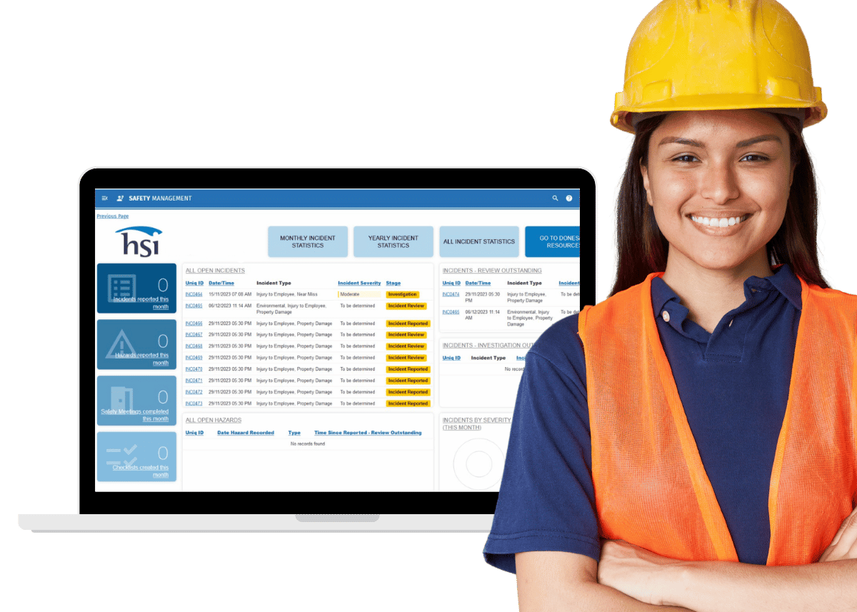 Female worker using real-time EHS software to protect workers Female worker using real-time EHS software to protect workers