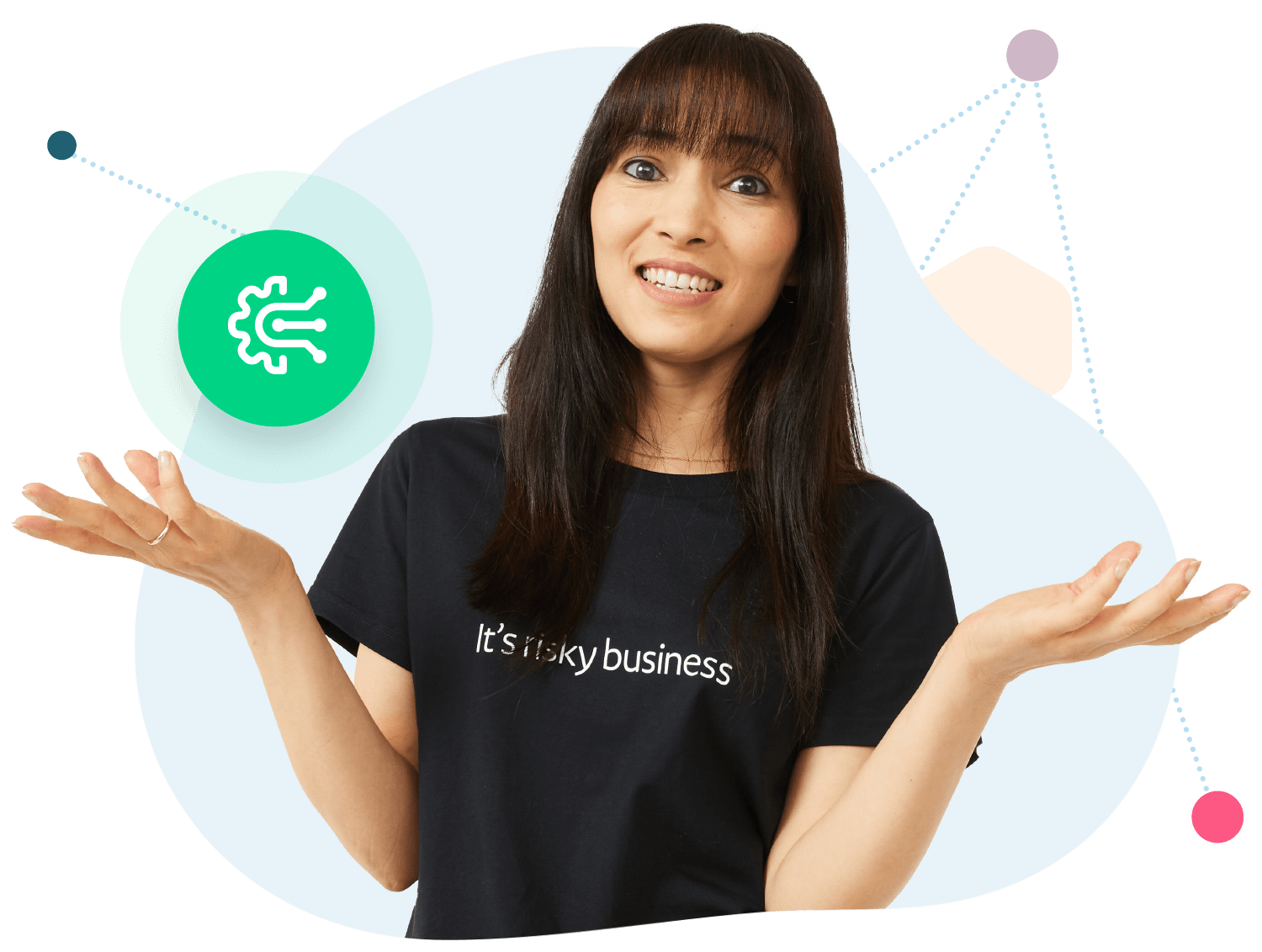 Lady shrugging in a black shirt that says "it's risky business" Lady shrugging in a black shirt that says "it's risky business"